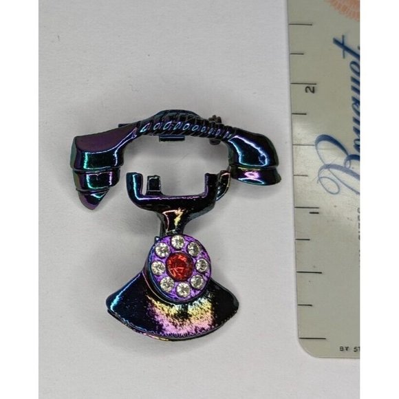 Old Fashioned 2 Piece Phone Clear Crystals Iridescent Vintage Metal Brooch Pin - Picture 8 of 8